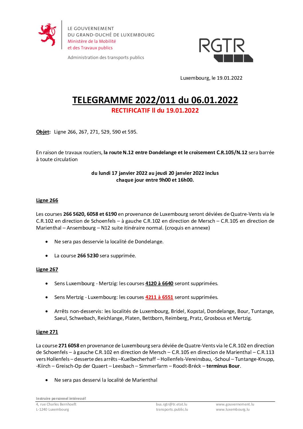 Information RGTR - Télégramme du 19.01.2022