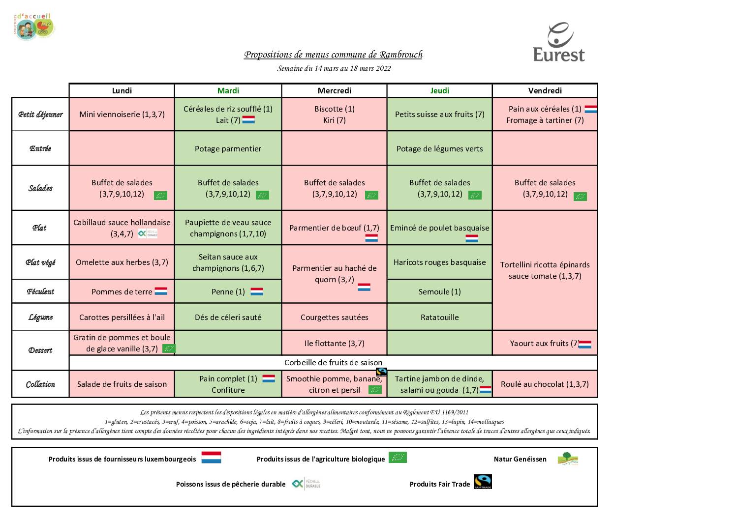 Menu Maison Relais du 14 mars 2022 jusqu'au 22 avril 2022