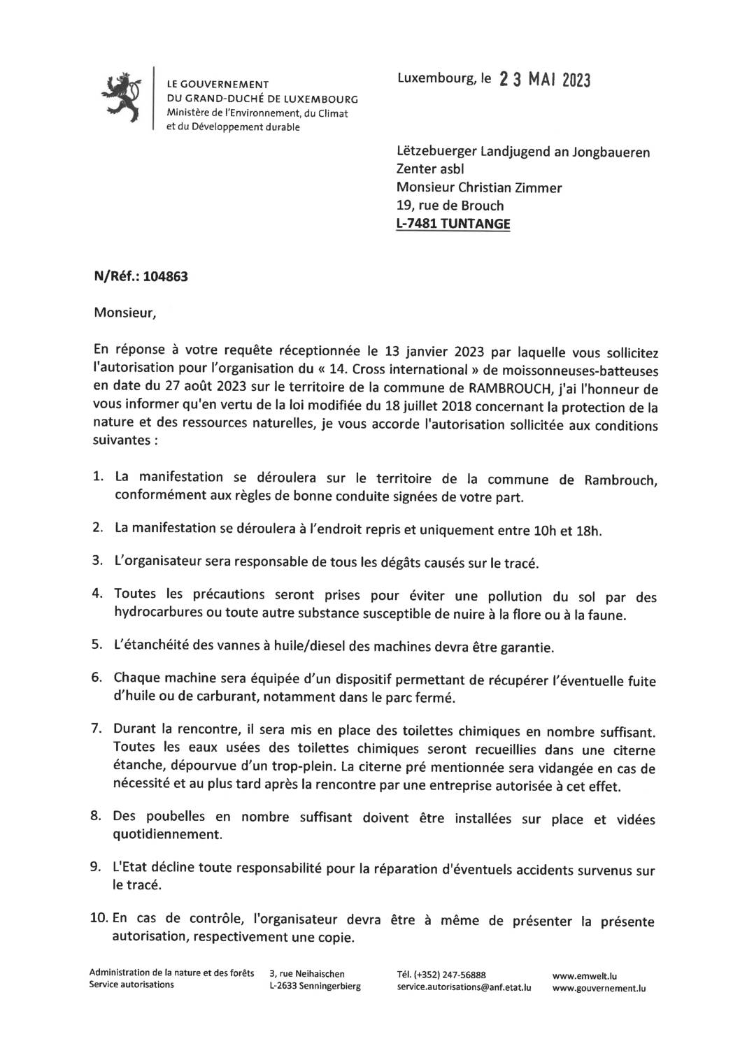Autorisation pour l'organisation du "14. Cross international" de mosissonneuses-batteuses en date du 27 août 2023 sur le territoire de la commune de Rambrouch.