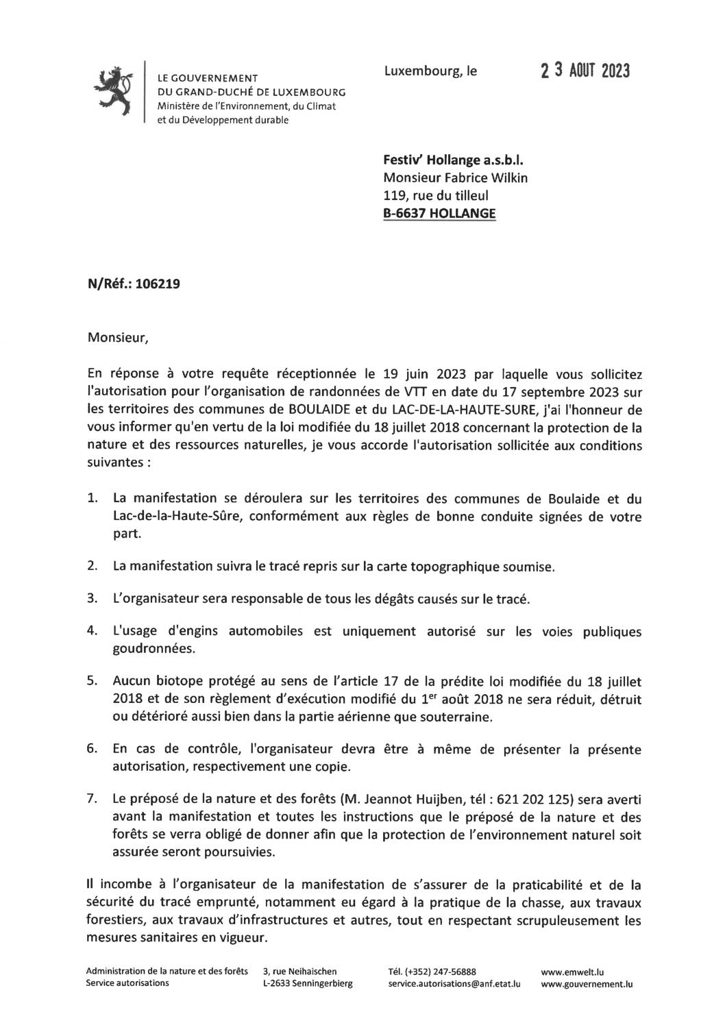Autorisation pour l'organisation de randonnées de VTT en date du 17 septembre 2023 sur les territoires des communes de Boulaide et du Lac-de-la-haute-Sûre.