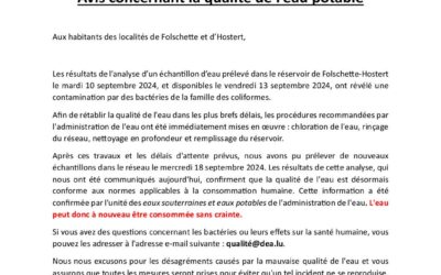 Avis concernant la qualité de l’eau potable – L’eau peut à nouveau être consommée.